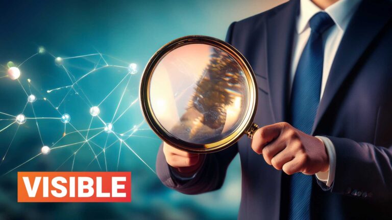 Forretningsmann med forstørrelsesglass, nettverk, synlighet.