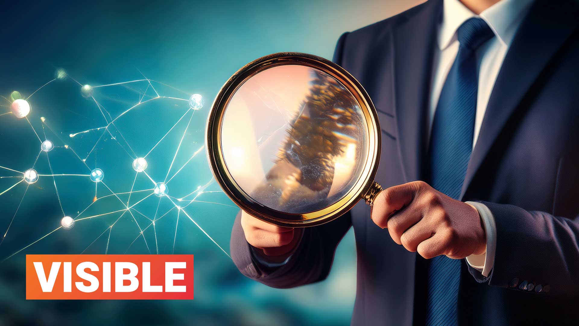 Forretningsmann med forstørrelsesglass, nettverk, synlighet.