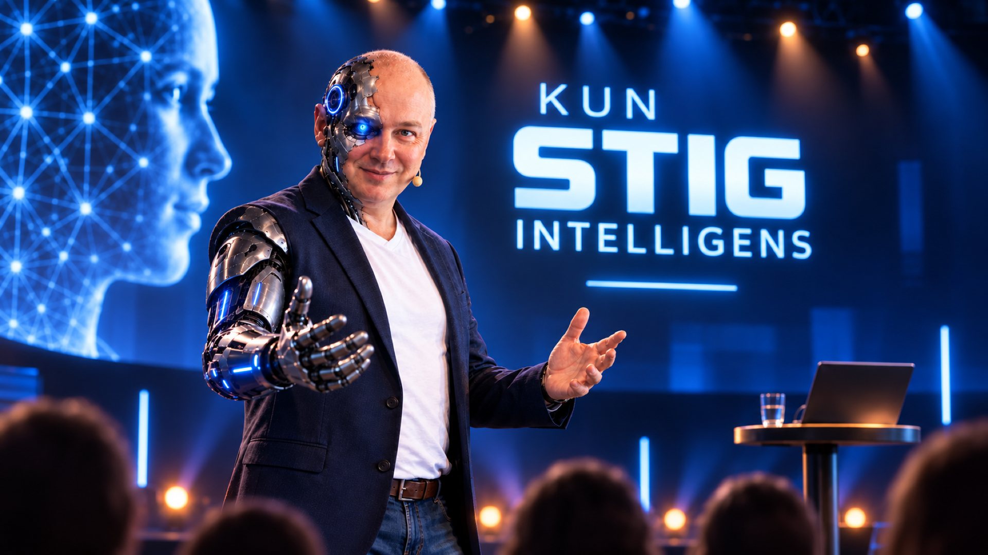 Stig Solberg på scenen under foredraget Kun Stig intelligens