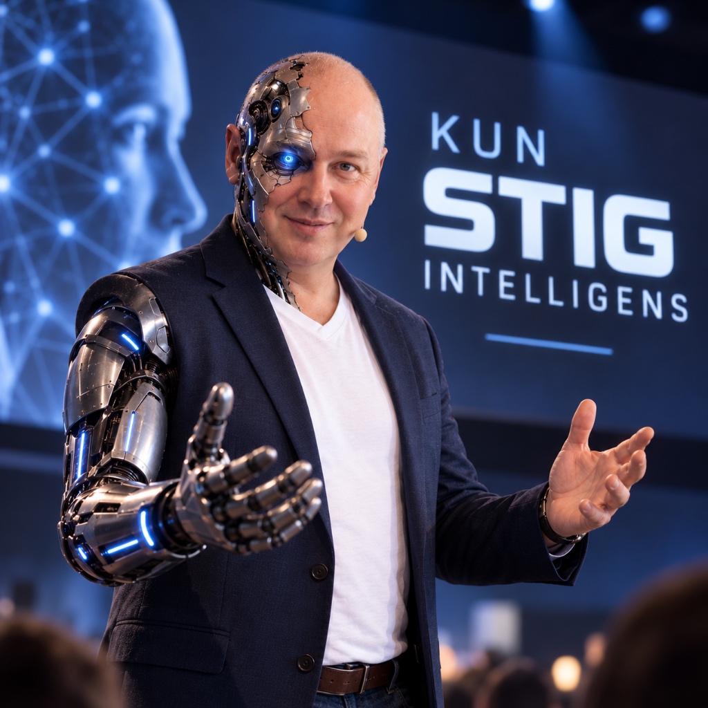 Hjem Stig Solberg på scenen foran skjerm med teksten Kun Stig Intelligens